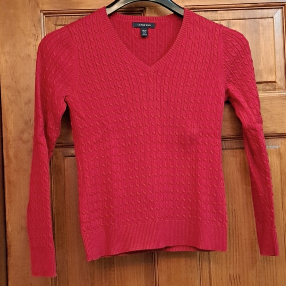 Lands' End fuscia light weight cable knit Petite XS sweater.